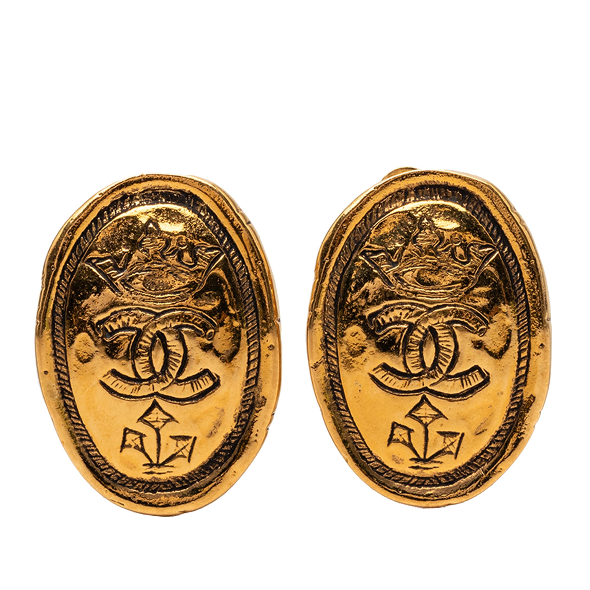 CC Gold Plated Oval Crown Earrings - Image 1