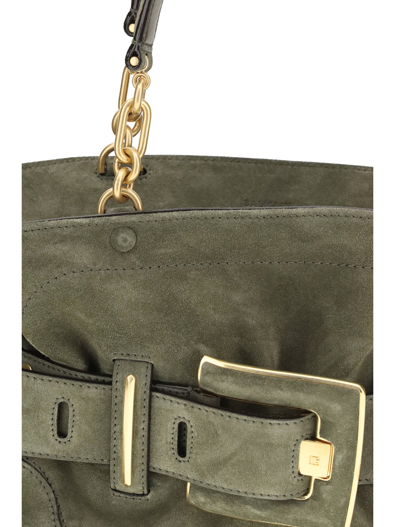 Balmain Anthem Shoulder Bag — Green Calf Suede