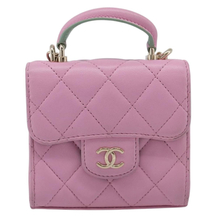 Chanel Square Classic Flap Top Handle Clutch With Chain Quilted Lambskin Pink Leather