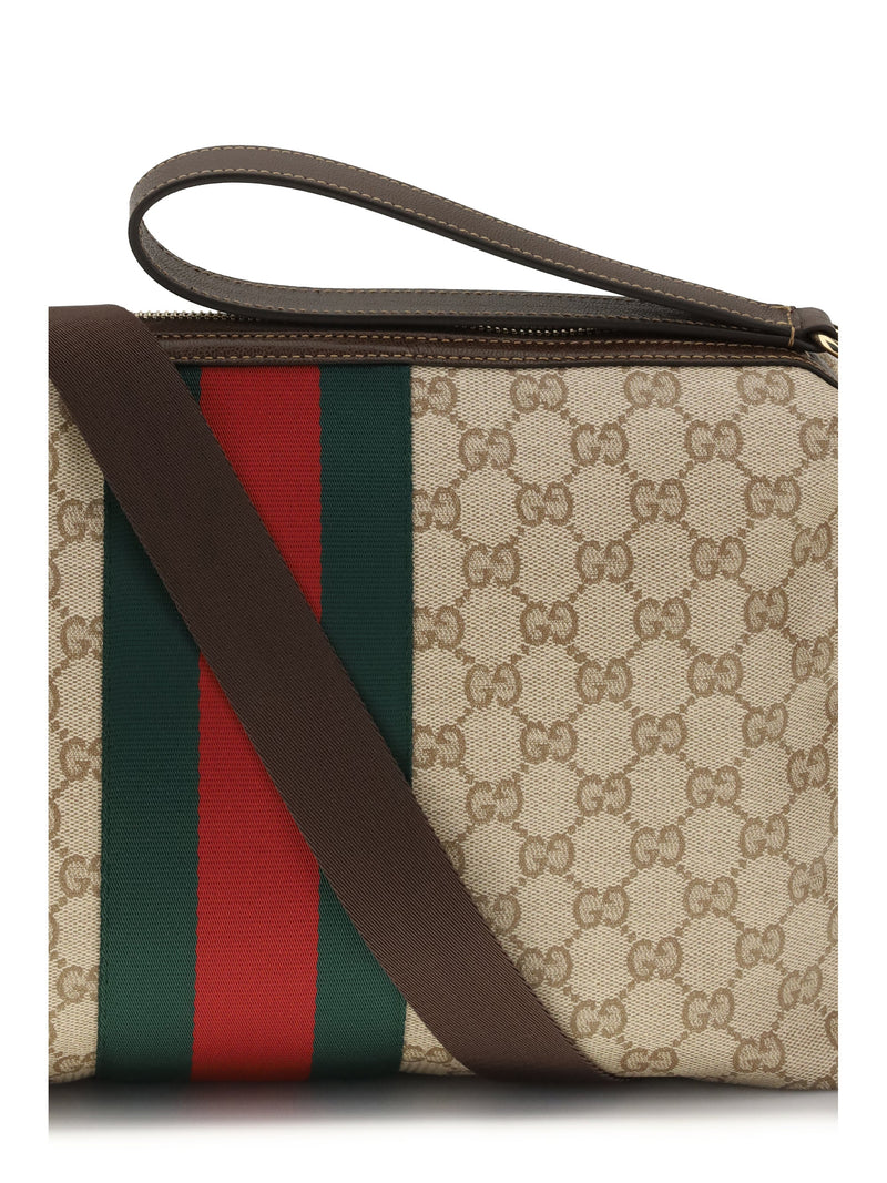 Gucci Coated Gg Canvas Web Stripe Shoulder Bag — Beige Fabric