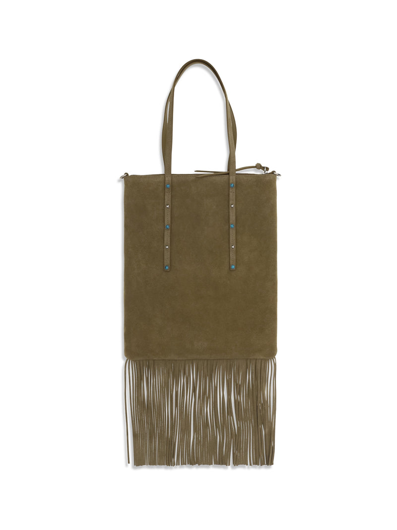 Pinko Studded Suede Shoulder Bag — Green Calf Leather