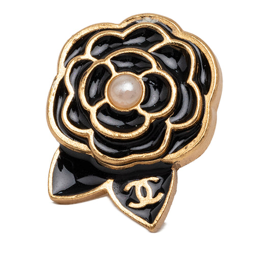 CC Gold Plated Enamel Faux Pearl Camellia Pin Brooch - Image 1