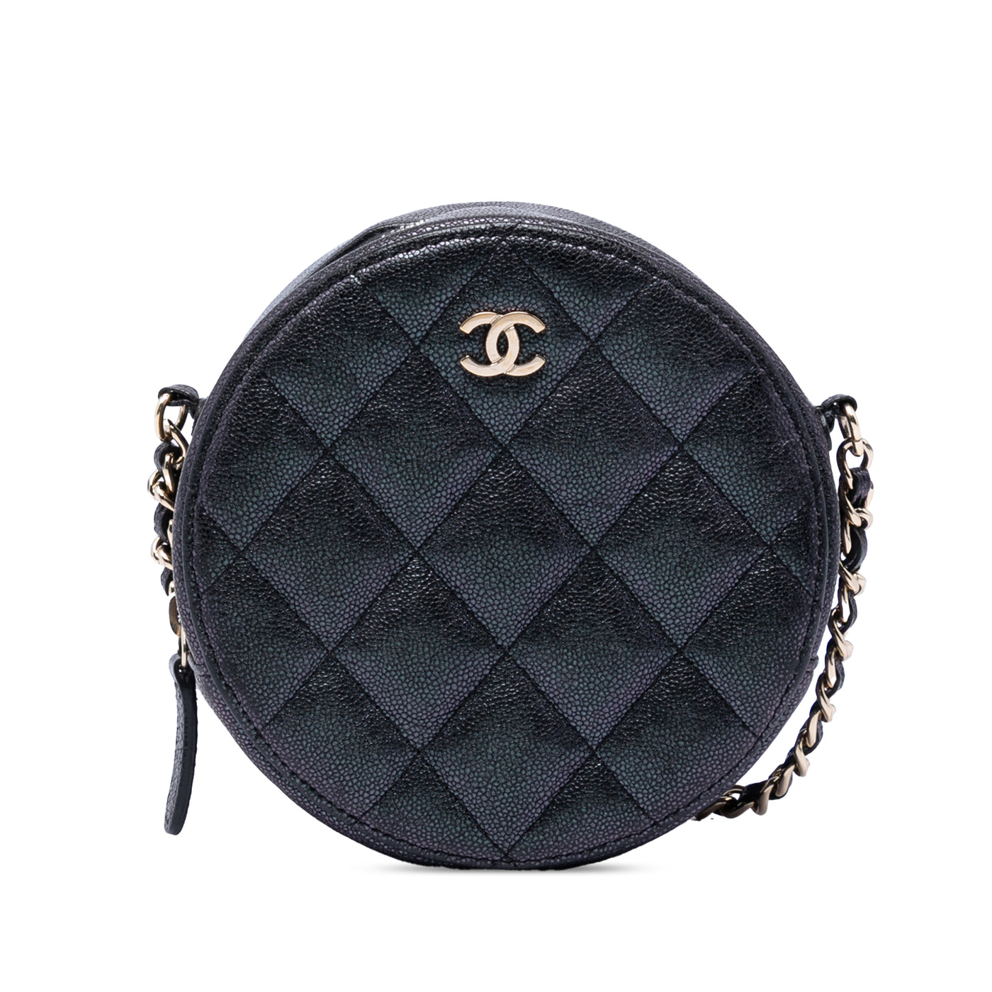 CC Quilted Iridescent Caviar Round Clutch With Chain - Image 1
