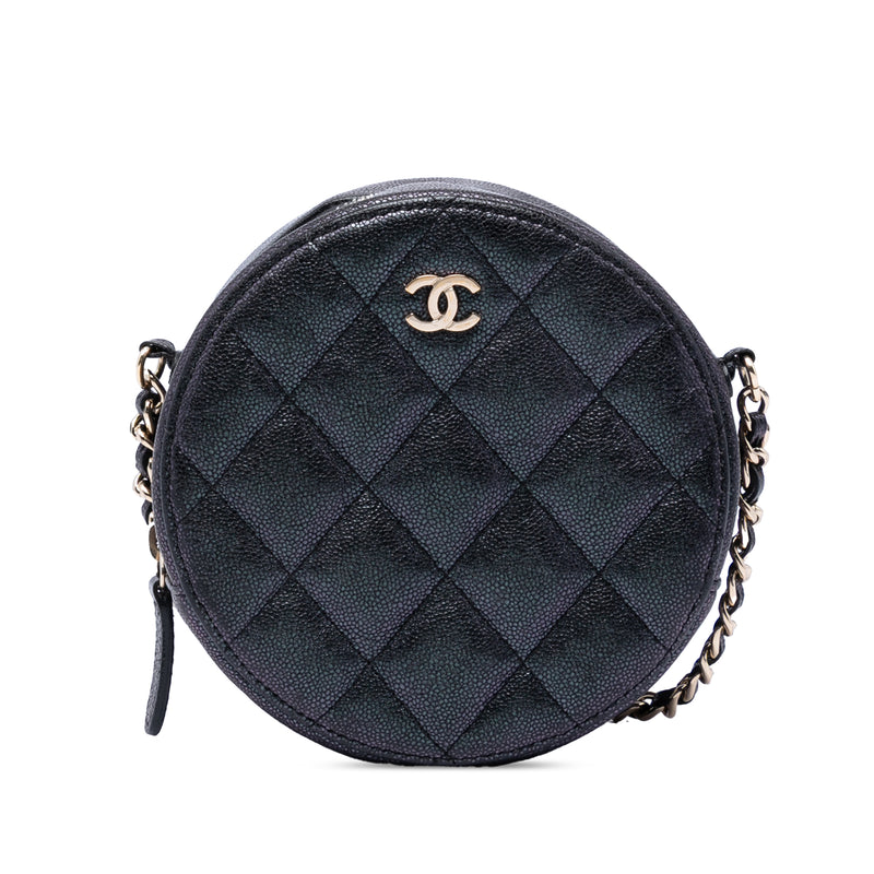 CC Quilted Iridescent Caviar Round Clutch With Chain