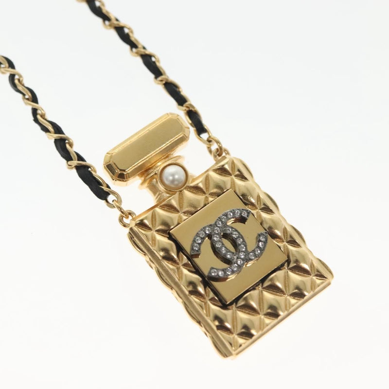 Chanel Cc Perfume Bottle Pendant Chain Long Metal With Leather, Crystals And Faux Pearl Gold Bijoux