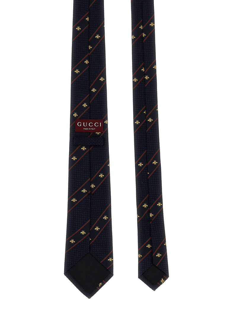 Gucci Jacquard Bee-Embroidered Silk Necktie — Navy Neckties