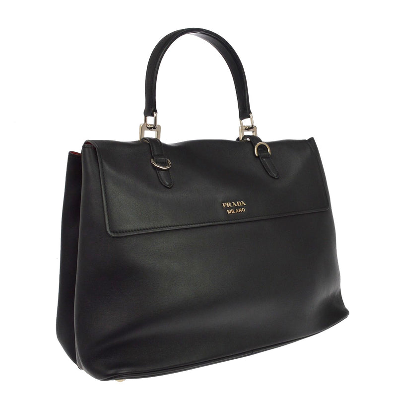 Prada Dual Flap Double Turn Lock Satchel City Calfskin Black Leather