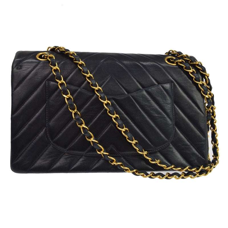 Chanel Vintage Classic Double Flap Chevron Lambskin Black Leather Bag