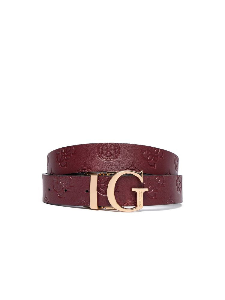 Guess Logo Buckle Embossed Belt — Burgundy Polyester