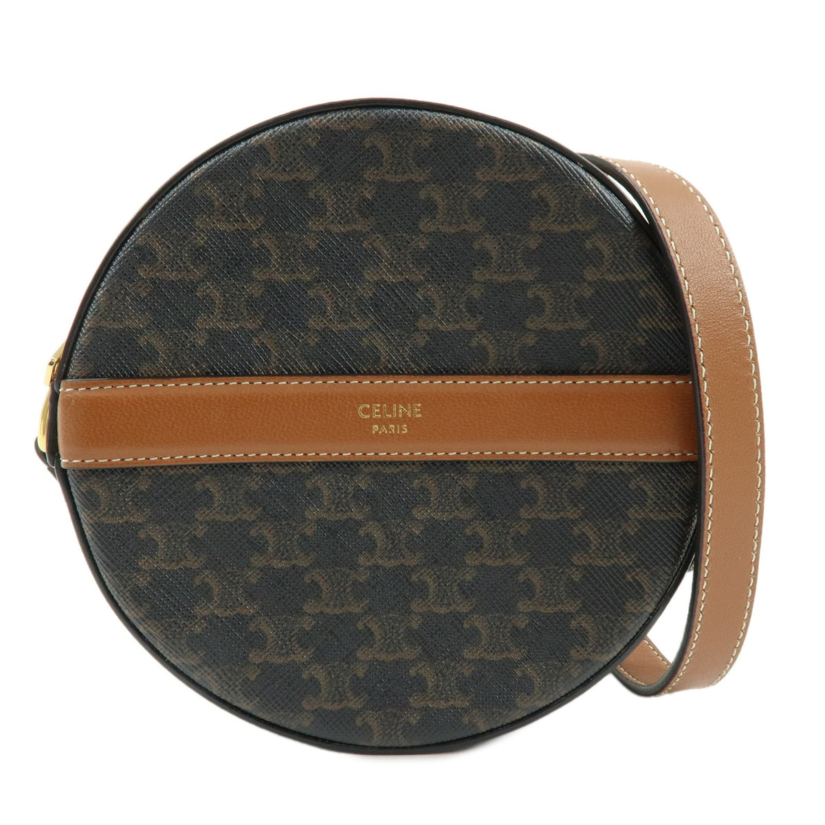 Celine Round Purse On Strap Triomphe Coated Canvas Brown Bag