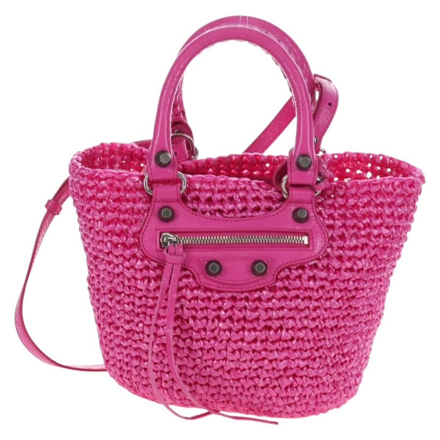 Balenciaga Le Cagole Panier Woven Raffia And Leather Pink Plastic Bag