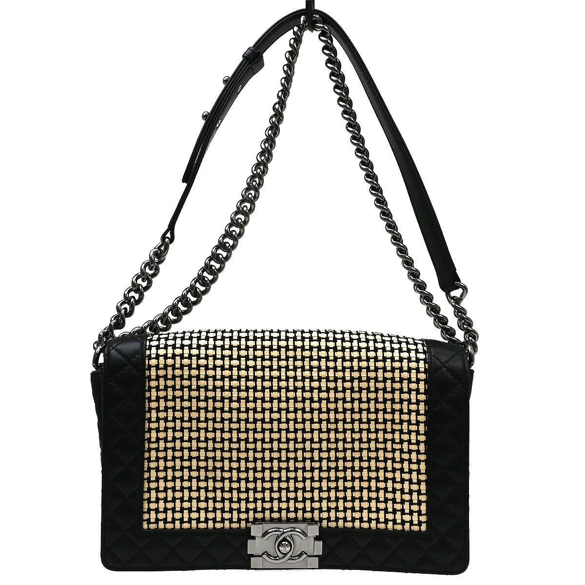 Chanel Reverso Boy Flap Woven Calfskin Black Leather Bag
