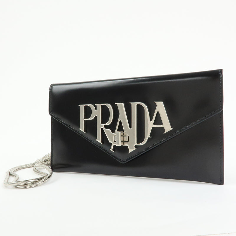 Prada Envelope Logo Clutch Spazzolato Leather Black