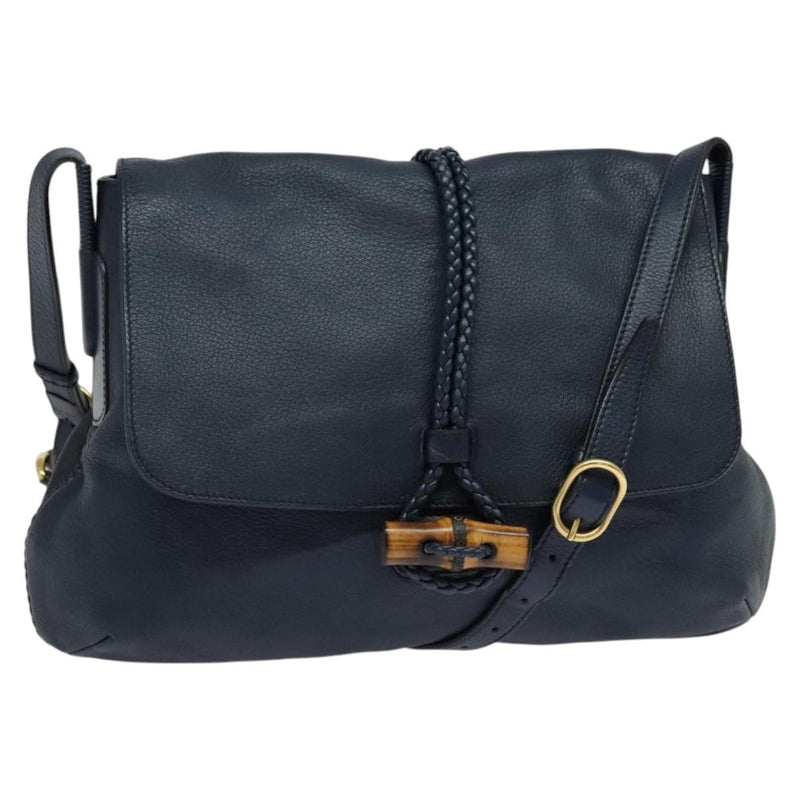 Gucci Hip Bamboo Flap Leather Blue Bag