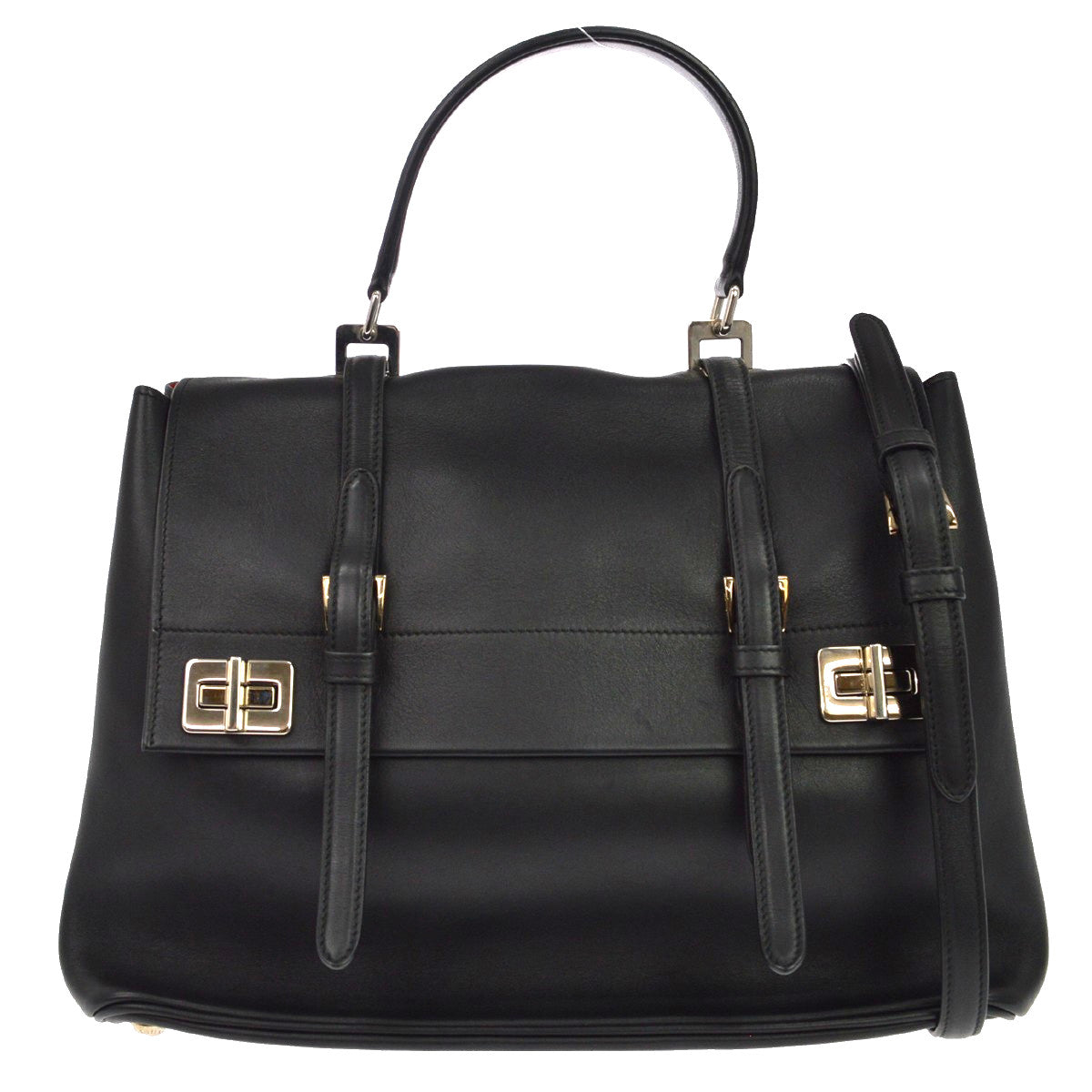 Prada Dual Flap Double Turn Lock Satchel City Calfskin Black Leather