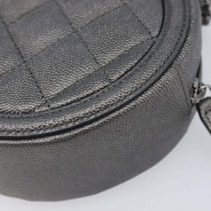 Chanel Filigree Round Clutch With Chain Quilted Iridescent Caviar Gray Leather