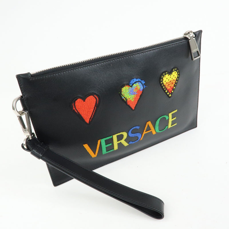 Versace Wristlet Printed Leather Black Bag