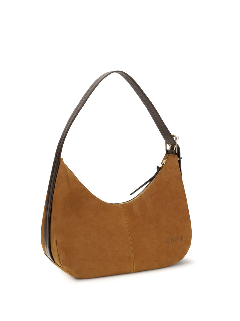 Ganni Vegan Suede Shoulder Bag — Brown Recycled Polyester