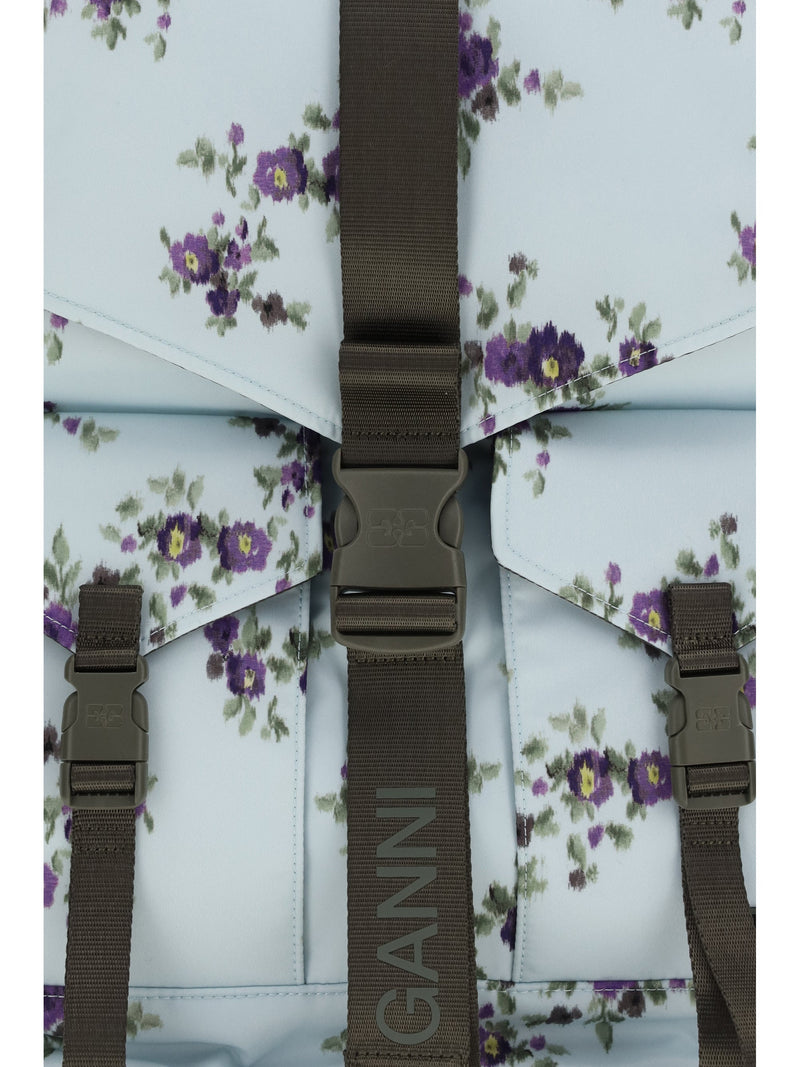 Ganni Floral Nylon Backpack — Blue Polyester