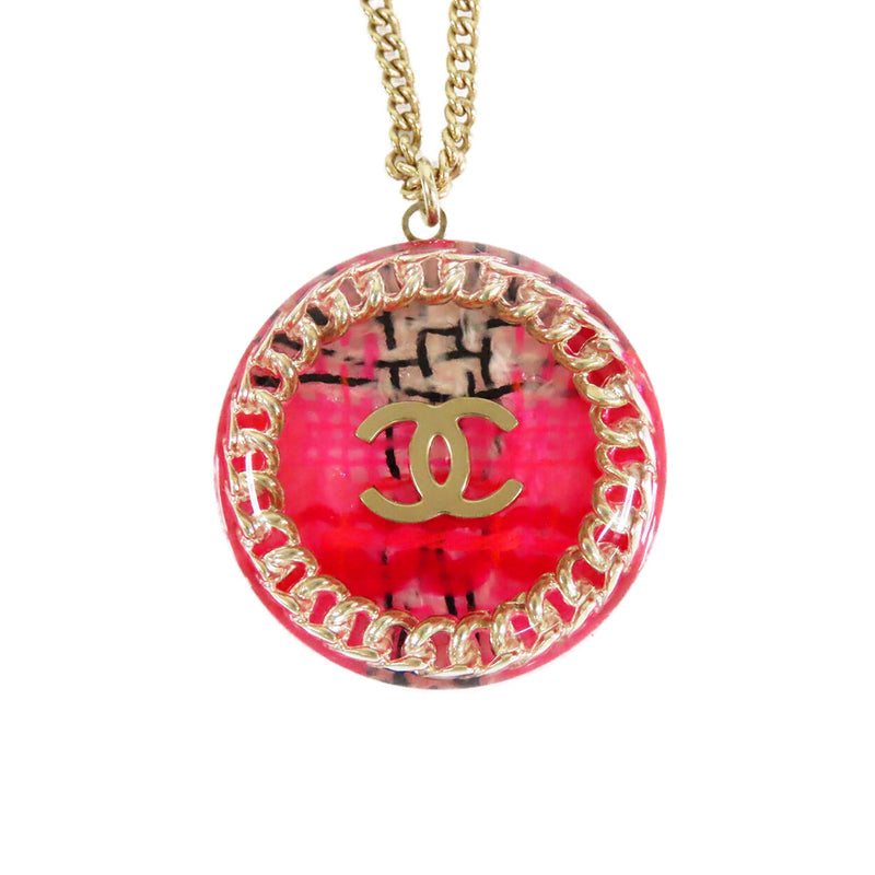 CC Gold Plated Resin Tweed Chain Round Pendant Necklace - Image 2