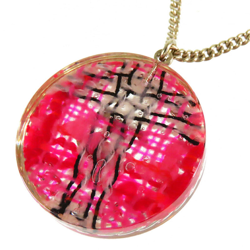 CC Gold Plated Resin Tweed Chain Round Pendant Necklace - Image 4