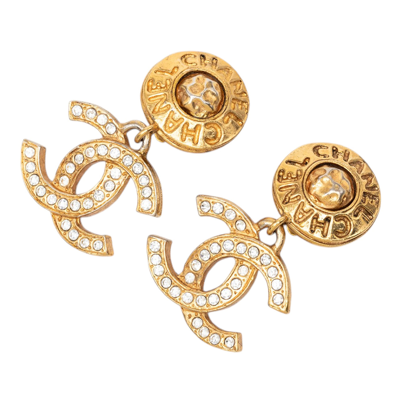 Gold Plated CC Strass Drop Clip On Earrings - Image 1