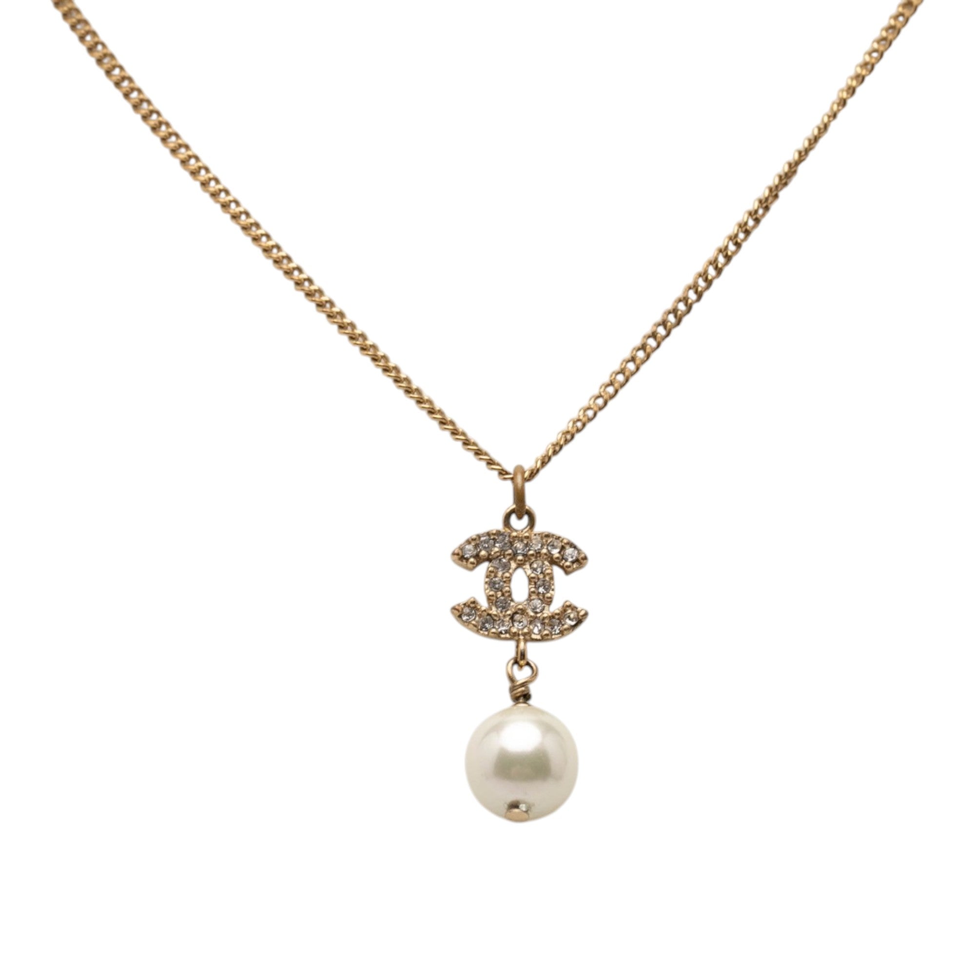 Gold Plated Strass CC Faux Pearl Drop Pendant Necklace - Image 2