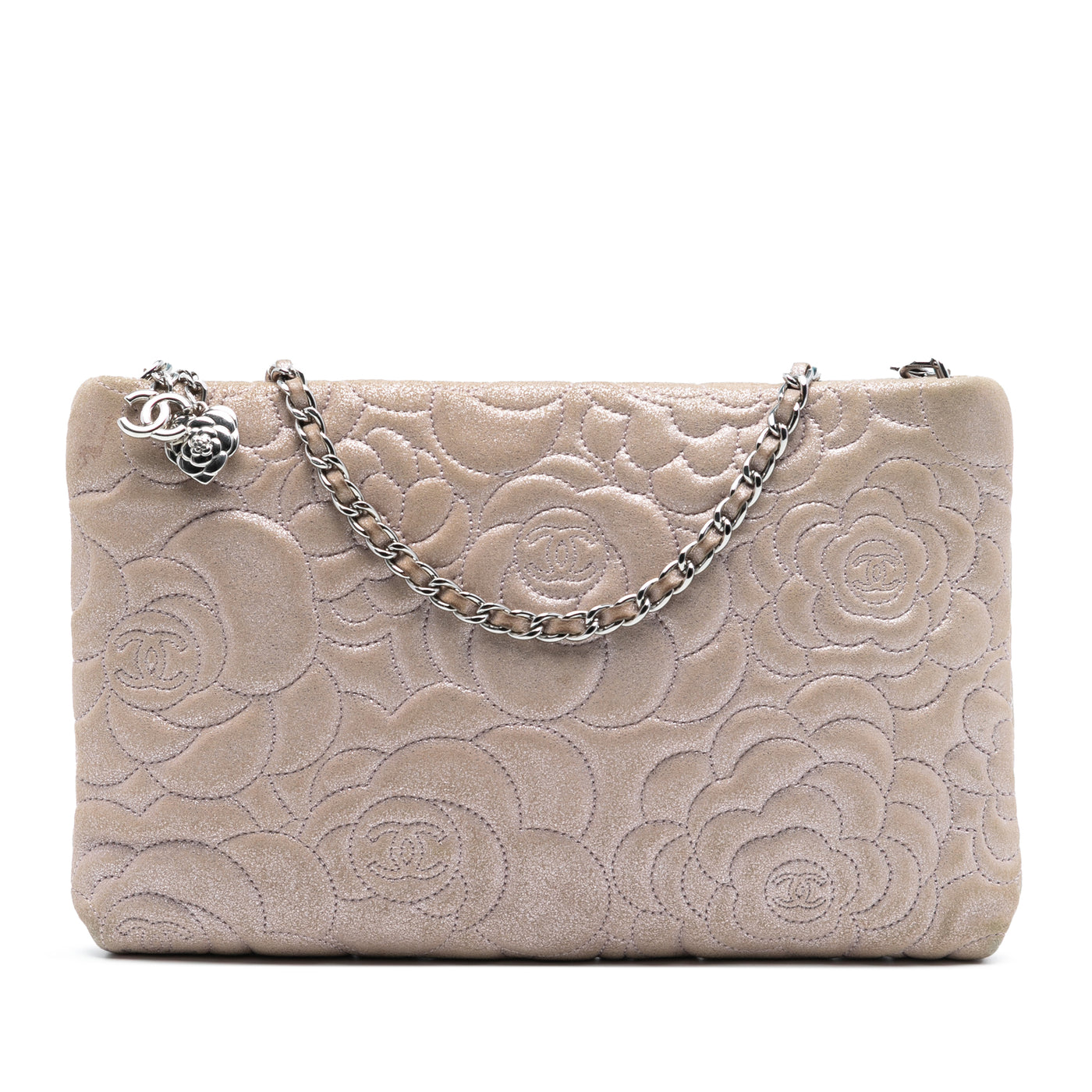 Embossed Metallic Lambskin Camellia Chain Pochette - Image 1