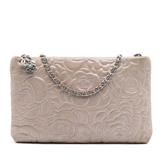Embossed Metallic Lambskin Camellia Chain Pochette - Image 1