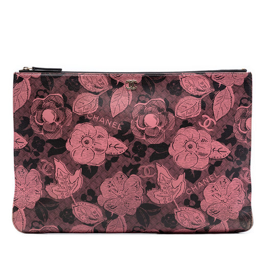 Large CC Quilted Calfskin Camellia Printed O Case Clutch - Image 1