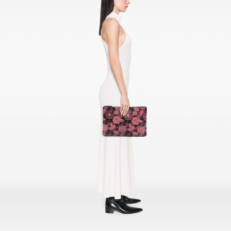 Large CC Quilted Calfskin Camellia Printed O Case Clutch - Image 7