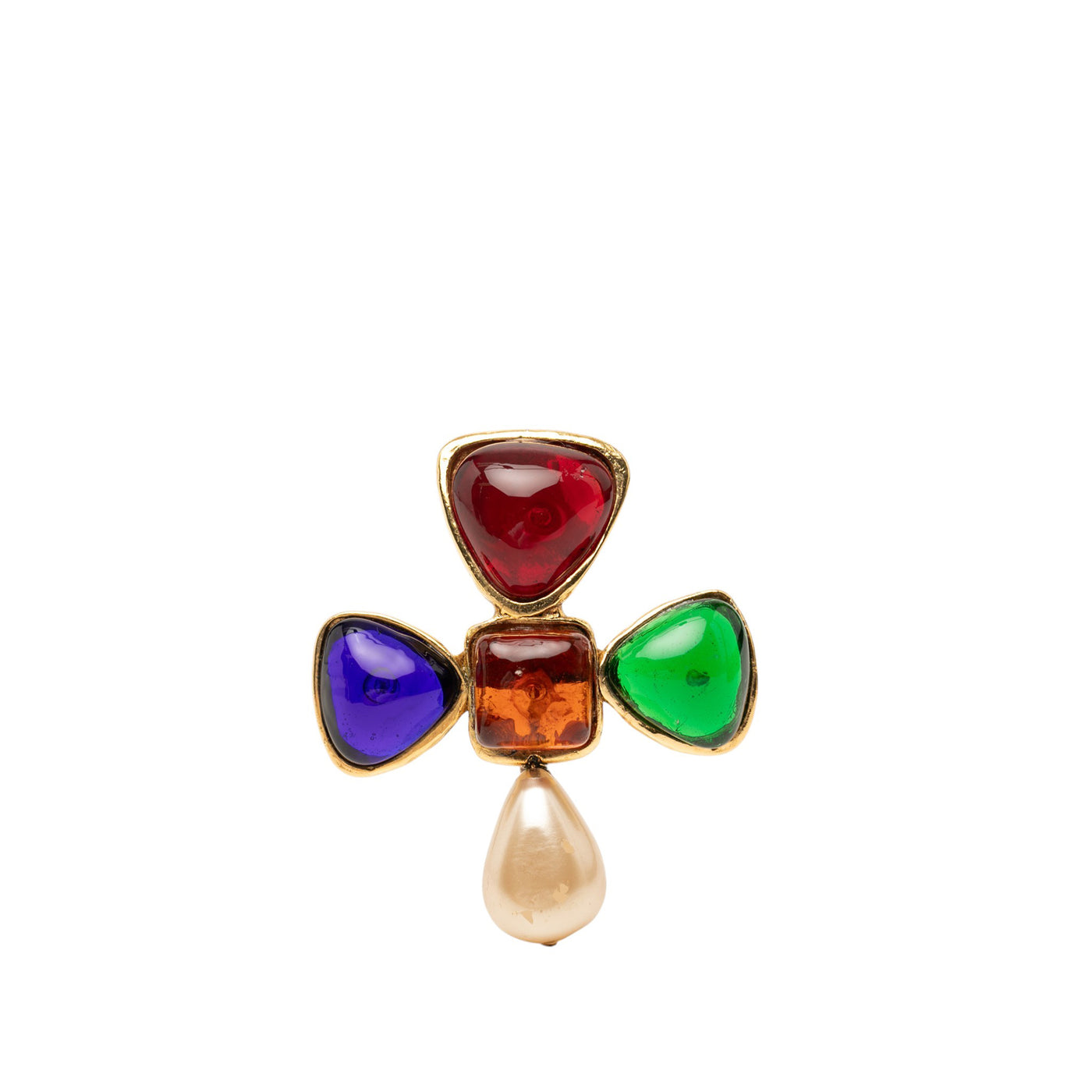Gold Plated Multicolored Gripoix and Faux Pearl Pin Brooch - Image 1
