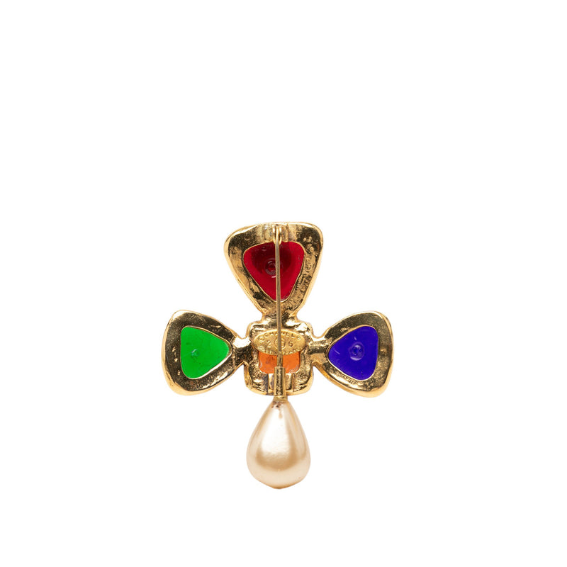 Gold Plated Multicolored Gripoix and Faux Pearl Pin Brooch - Image 2