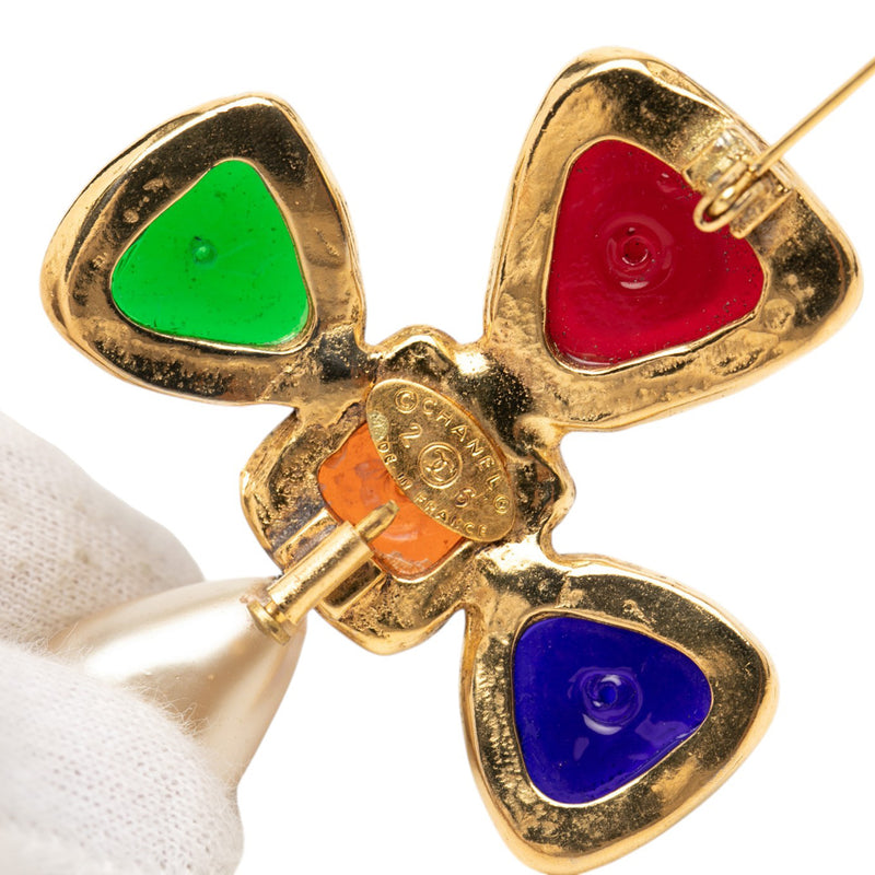 Gold Plated Multicolored Gripoix and Faux Pearl Pin Brooch - Image 3