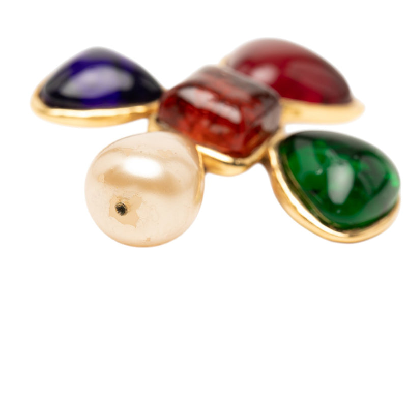 Gold Plated Multicolored Gripoix and Faux Pearl Pin Brooch - Image 4