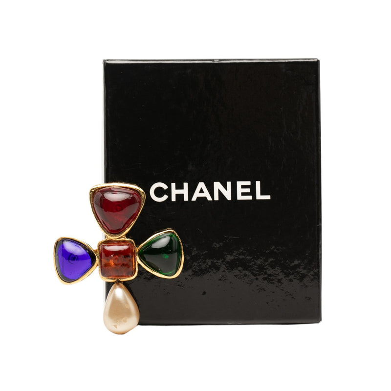 Gold Plated Multicolored Gripoix and Faux Pearl Pin Brooch - Image 5