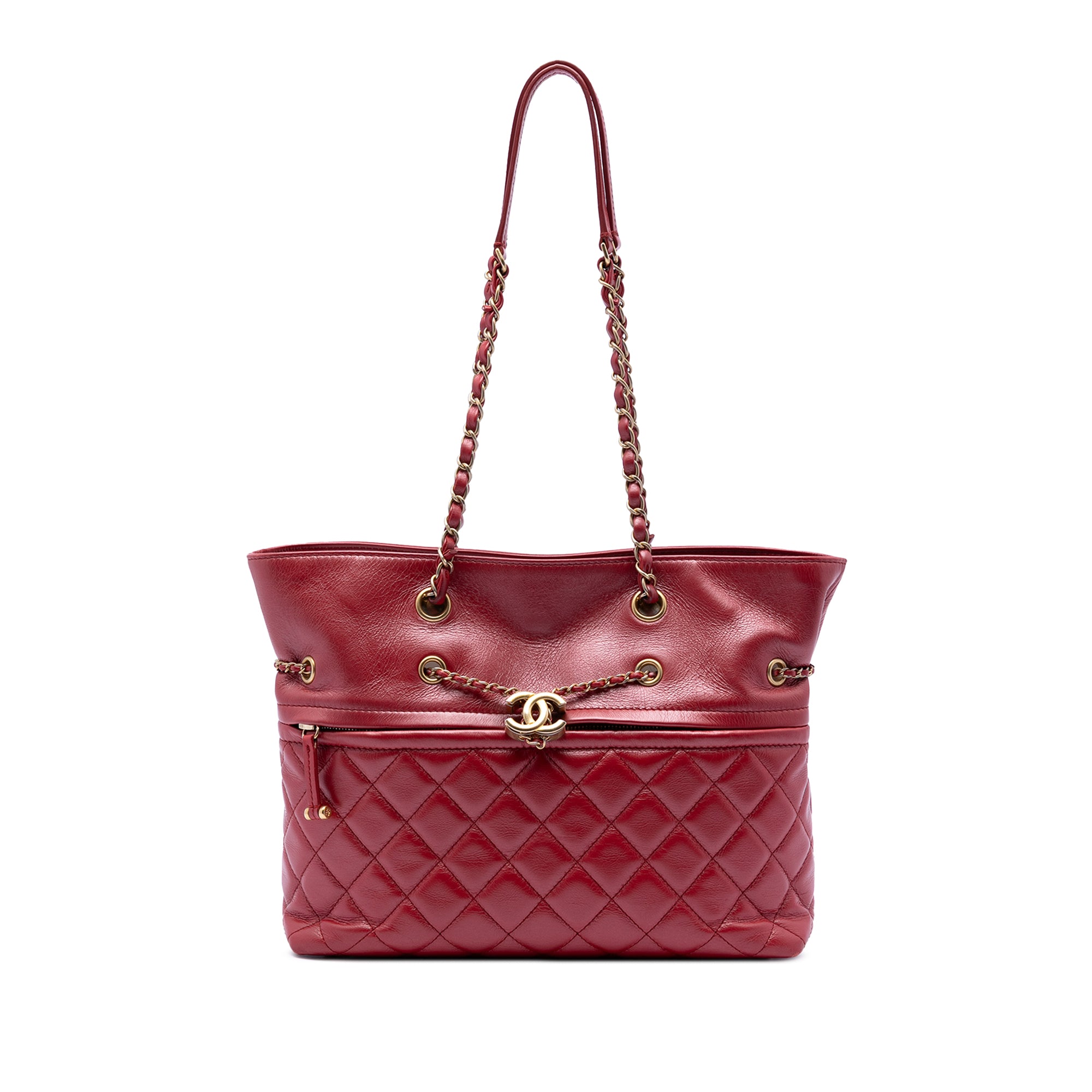 CC Quilted Calfskin Front Zip Drawstring Chain Tote - Image 1