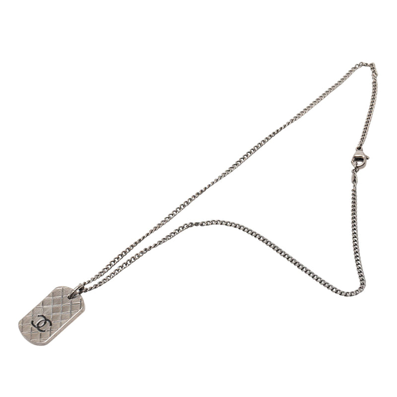 CC Silver Plated Quilted Dog Tag Pendant Necklace
