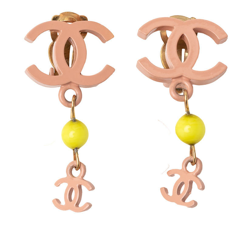 Gold Plated Enamel CC Drop Clip-On Earrings