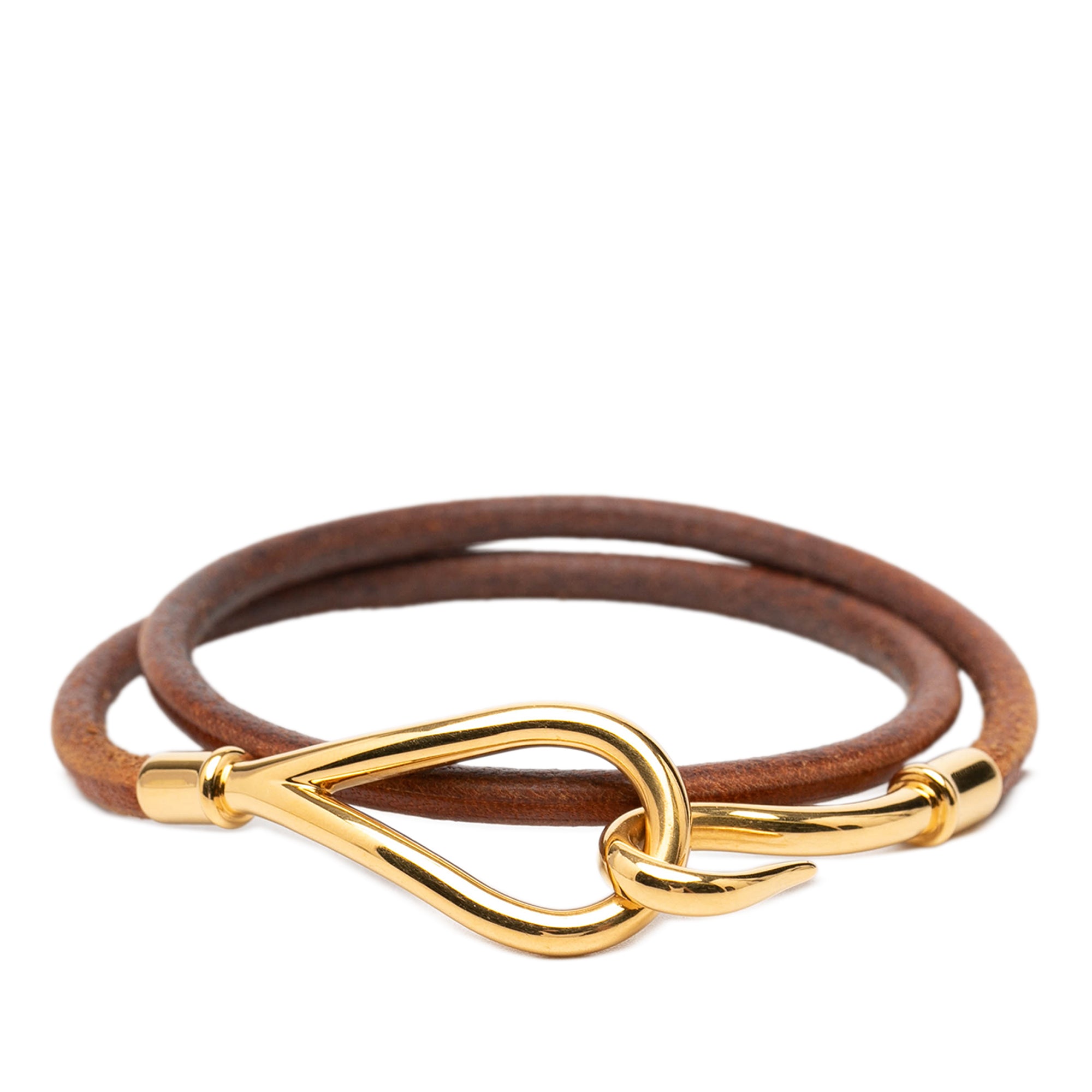 Gold Plated and Leather Jumbo Hook Double Tour Bracelet - Image 1