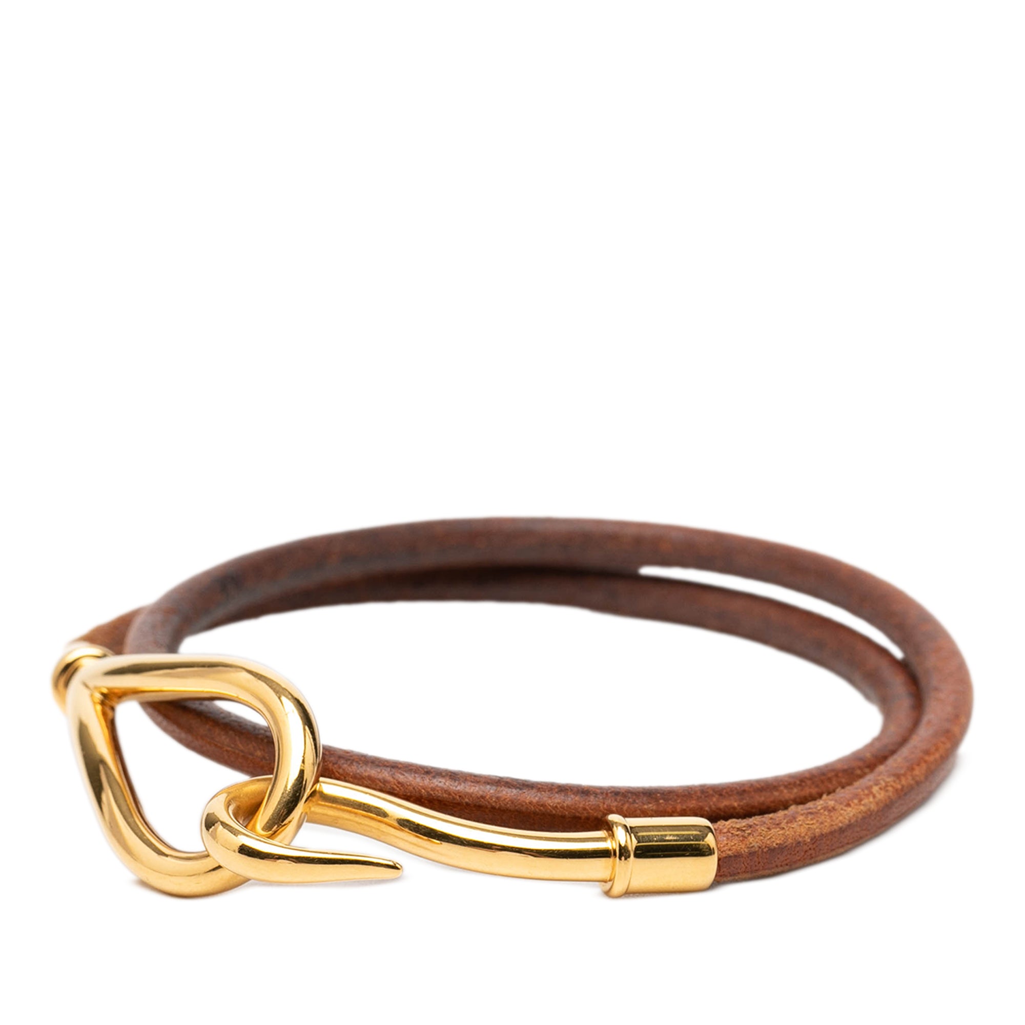 Gold Plated and Leather Jumbo Hook Double Tour Bracelet - Image 2