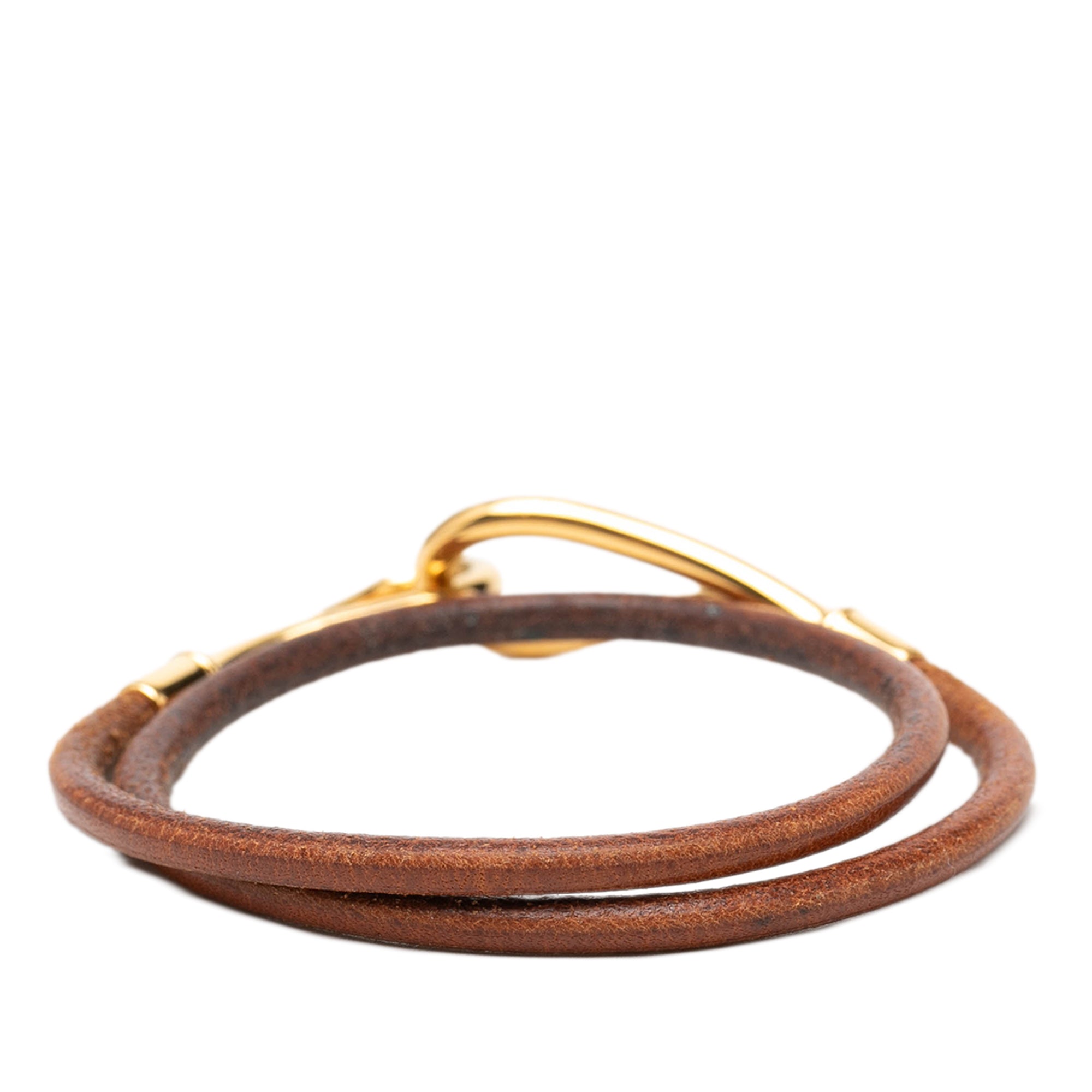 Gold Plated and Leather Jumbo Hook Double Tour Bracelet - Image 3