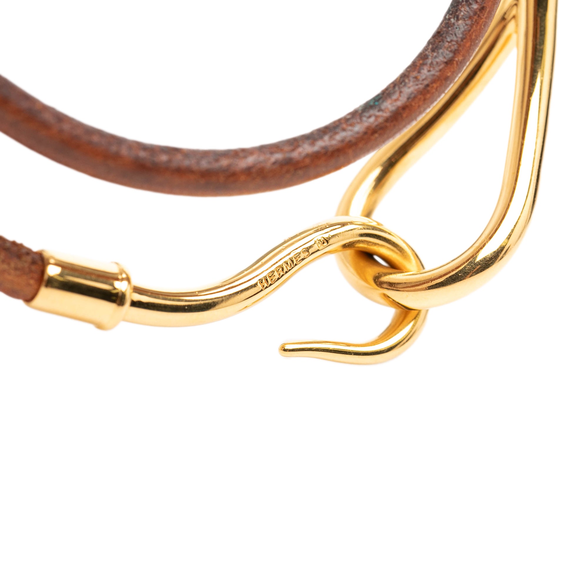Gold Plated and Leather Jumbo Hook Double Tour Bracelet - Image 4
