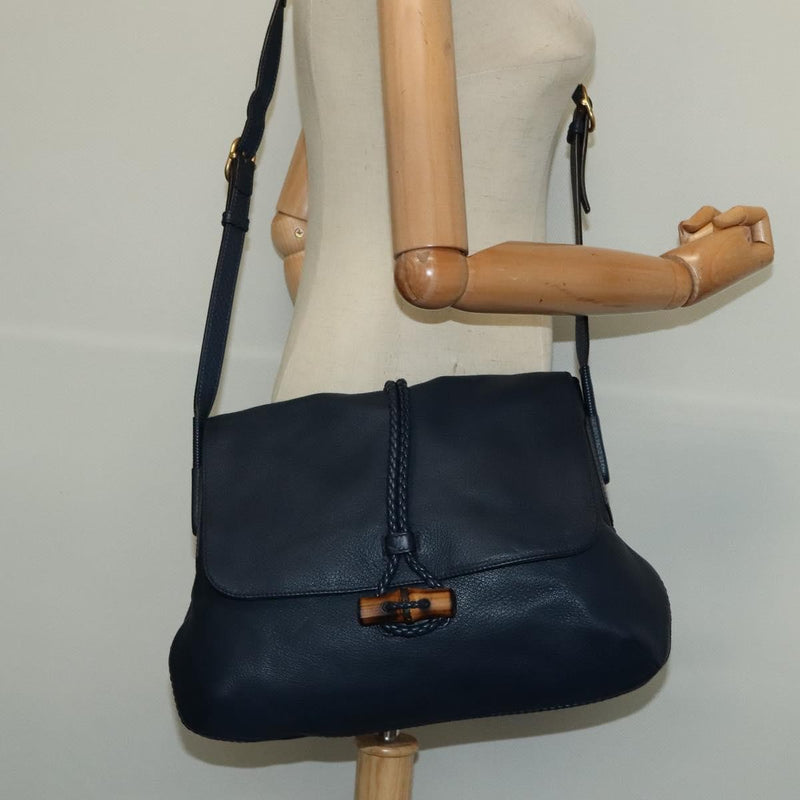 Gucci Hip Bamboo Flap Leather Blue Bag