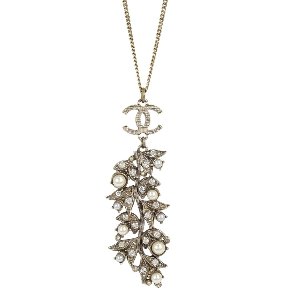 Chanel Cc Leaf Cluster Pendant Metal With Crystals Gold Gold_plated Bijoux
