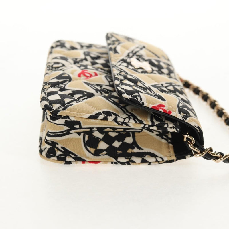 Chanel Flap Card Holder On Chain Quilted Printed Canvas Beige Satin Bag