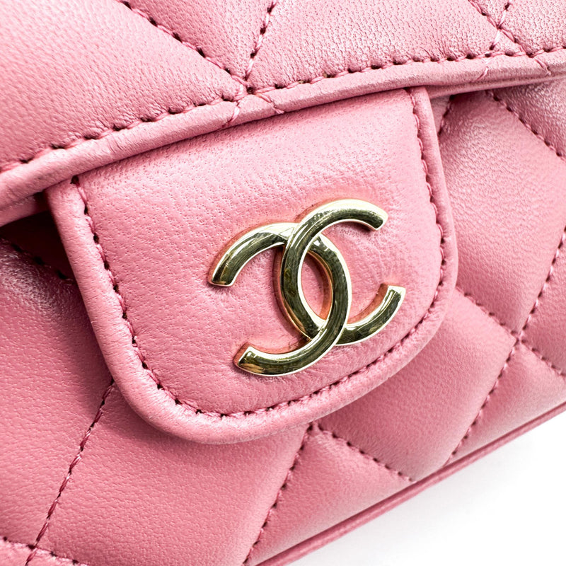 Chanel Square Classic Flap Top Handle Clutch With Chain Quilted Lambskin Pink Leather