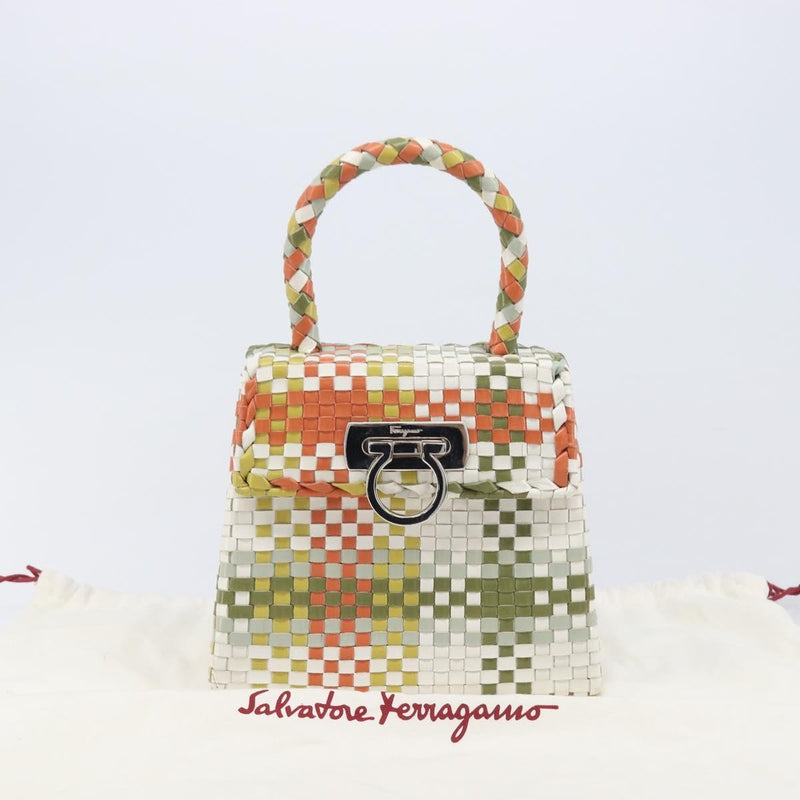 Salvatore Ferragamo Gancini Top Handle Woven Leather Multicolour Bag