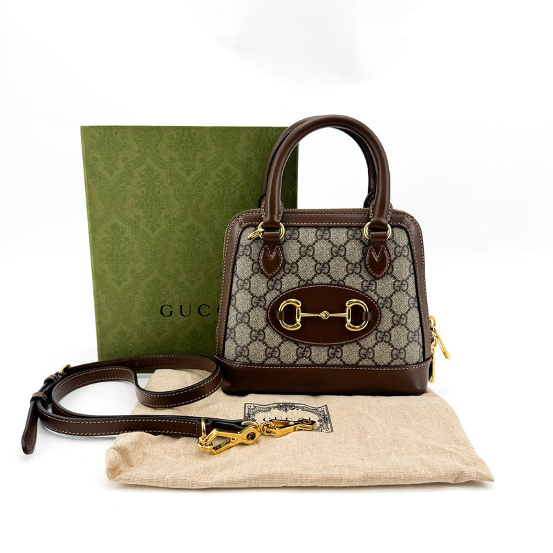 Gucci Horsebit 1955 Top Handle Gg Coated Canvas With Leather Brown Bag
