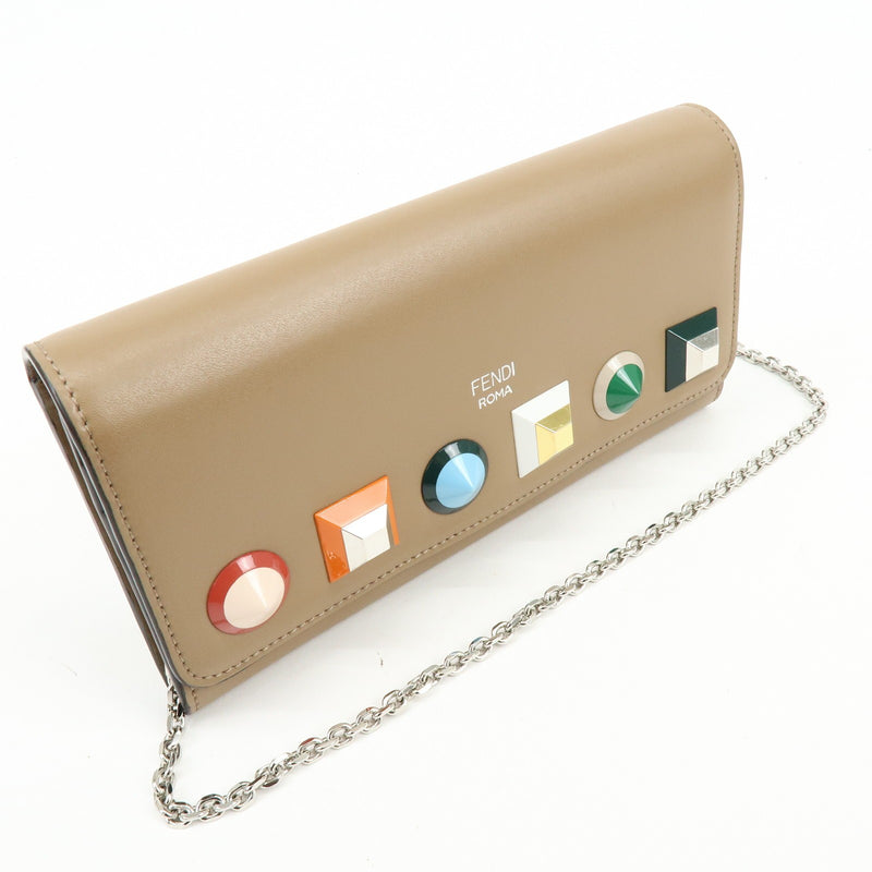 Fendi Continental Wallet On Chain Studded Leather Beige Bag